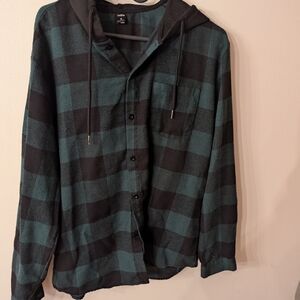 SHEIN Black and Teal Checkered Hooded Shirt XL Pre Owned